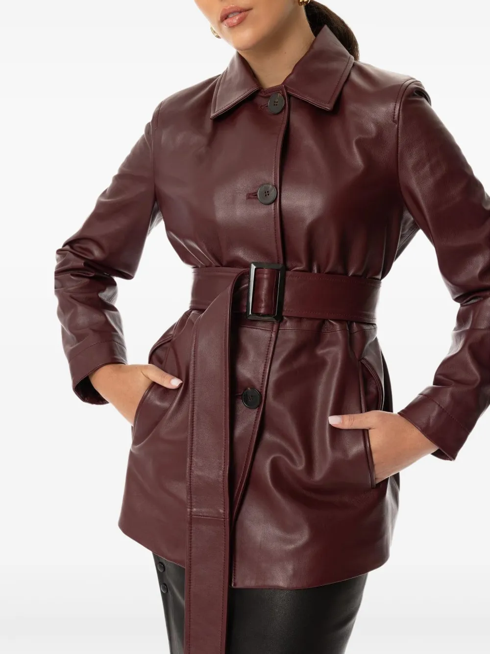 Max Mara Jacket With Belt In Bordeaux Nappa Leather In Burgundy