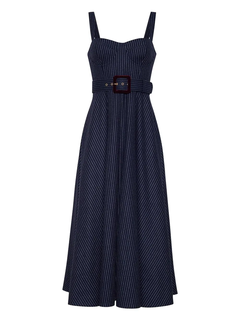 Cara Cara Calypso Belted Shirred Pinstriped Wool-blend Midi Dress In Blue