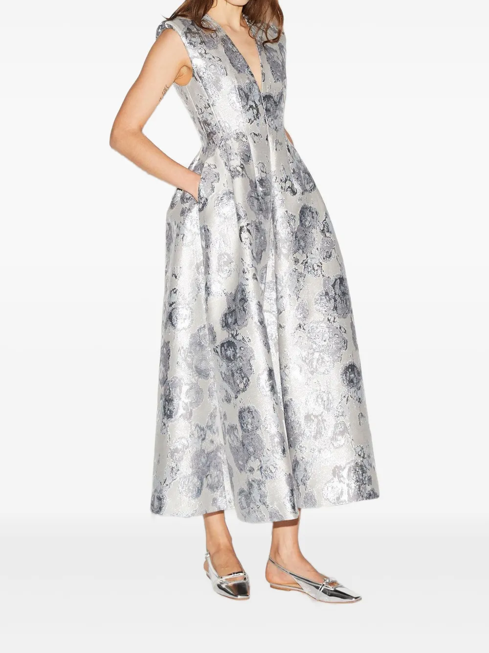 Huishan Zhang Kyle geplooide midi-jurk met bloemenprint - Zilver