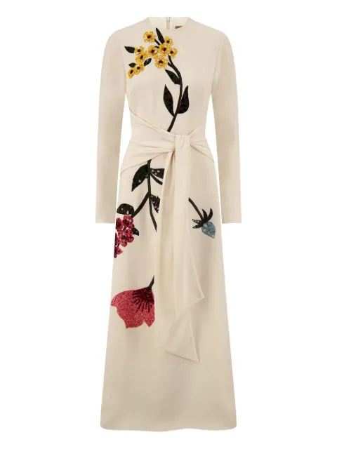 Lela Rose floral-embroidered tie-waist midi dress
