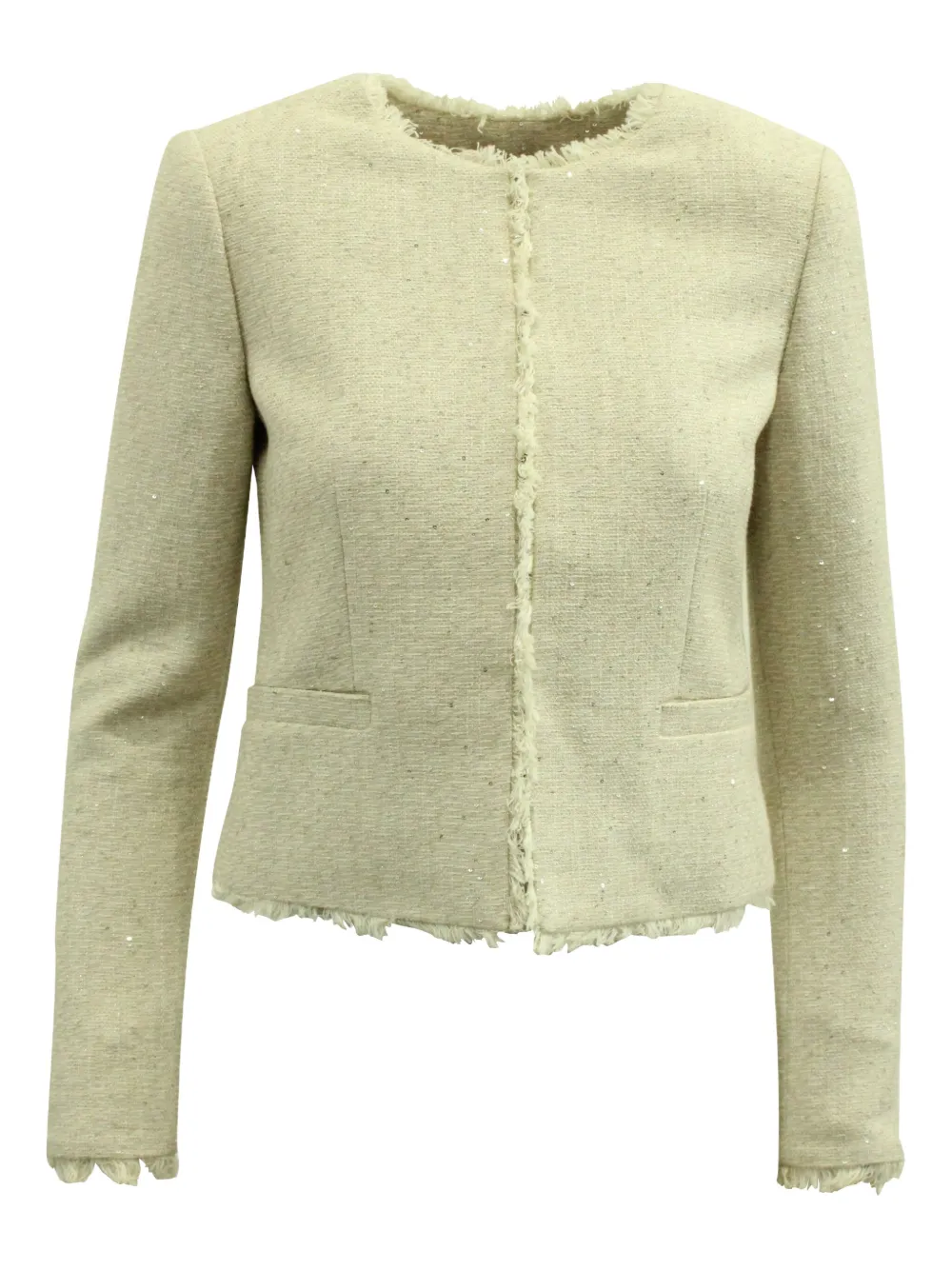 Pre-owned Alice And Olivia Tweed Frayed-trim Jacket In White