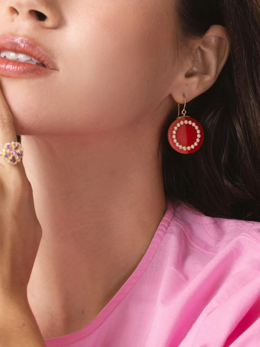 Mark Davis 18k Yellow Gold Sapphire Earrings In Red