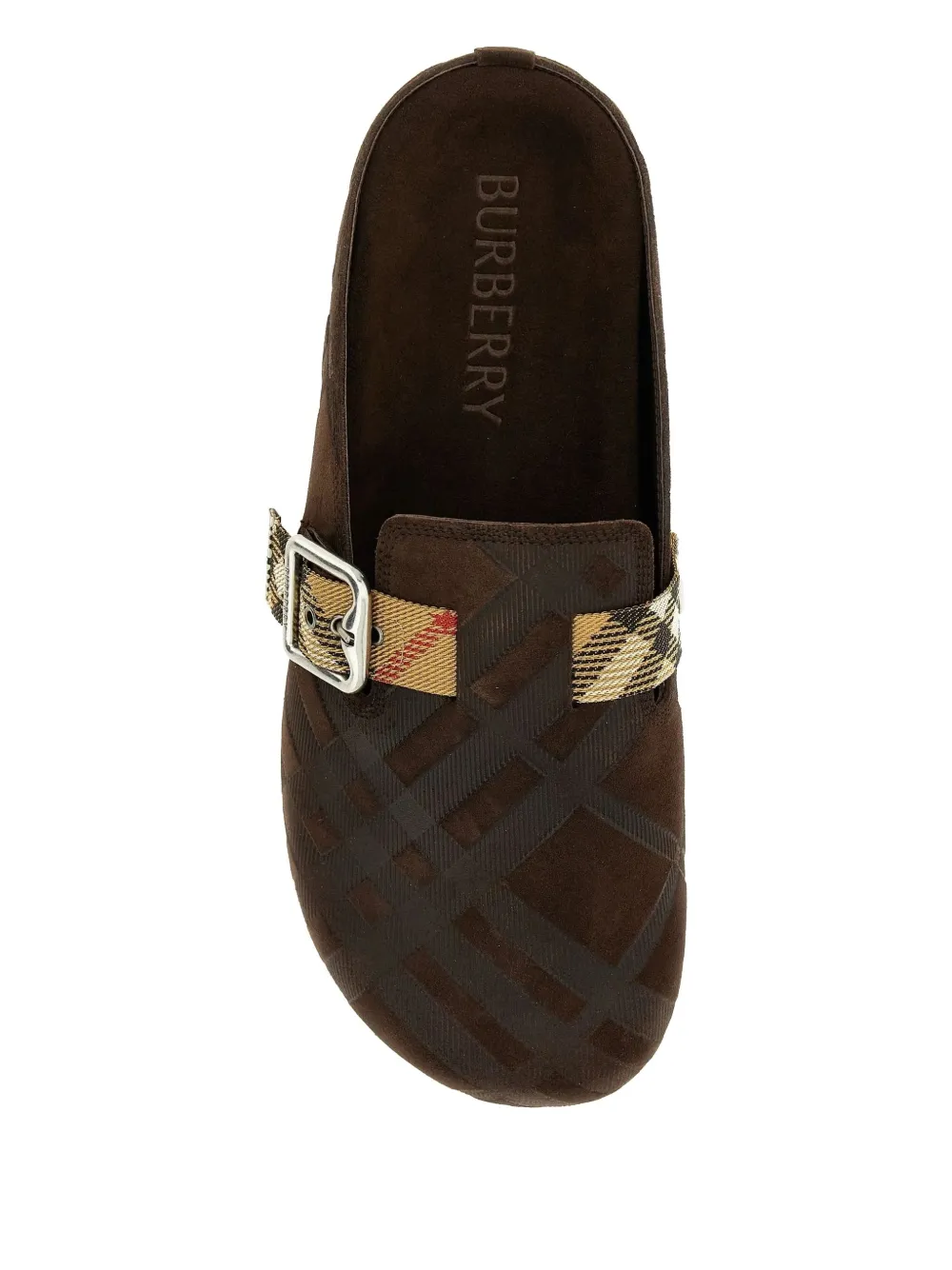Burberry Strap Patterned Round Toe Rubber Sole Slip-on In Brown