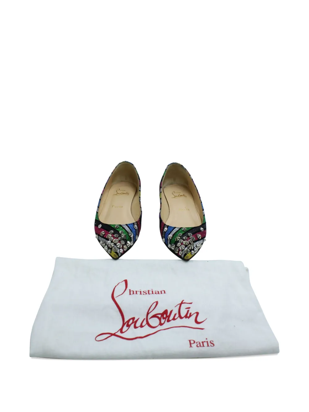 Pre-owned Christian Louboutin Drama Stripe Studded Flats In Pink