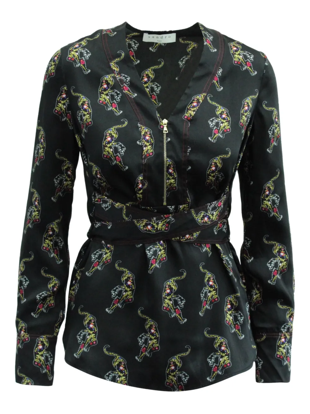 Pre-owned Sandro Aya Tiger-print Half-zip Blouse In Black