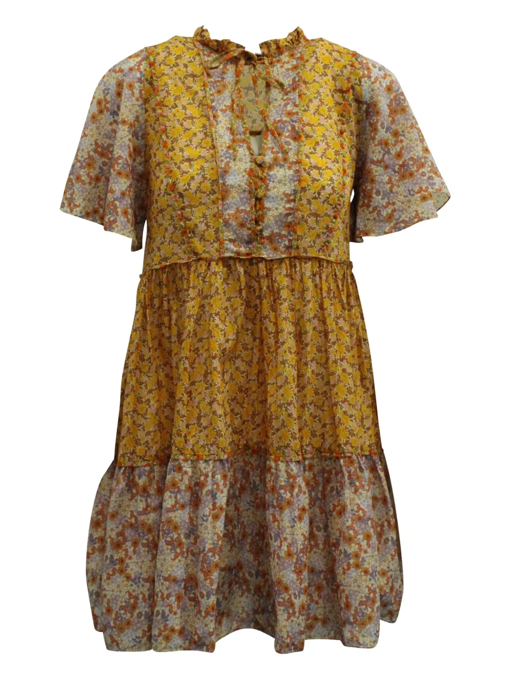 Pre-owned Maje Floral-motif Tiered Mini Dress In Yellow
