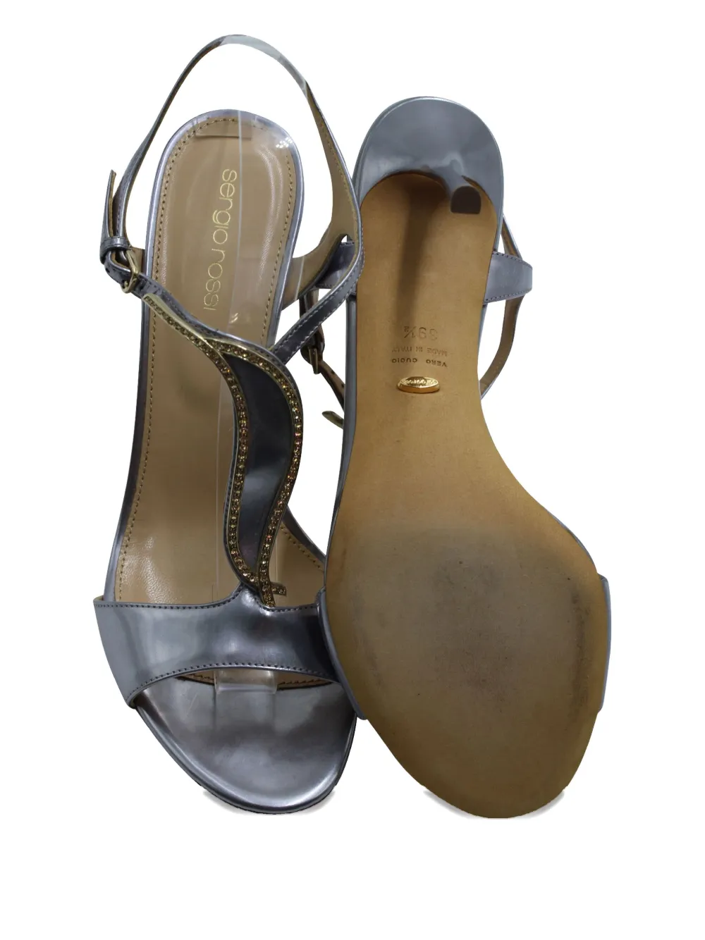 Pre-owned Sergio Rossi Vintage Crystal-embellished Leather Sandals In Gray
