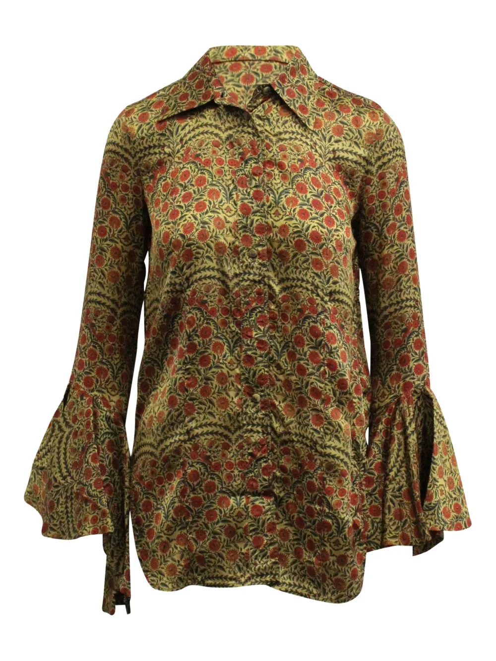 Pre-owned Khaite Floral-print Ruffled Blouse In Green