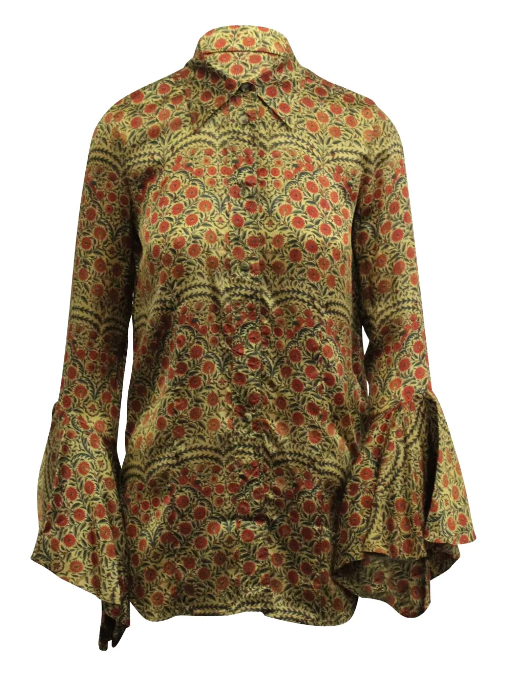 Pre-owned Khaite Floral-print Ruffled Blouse In Green