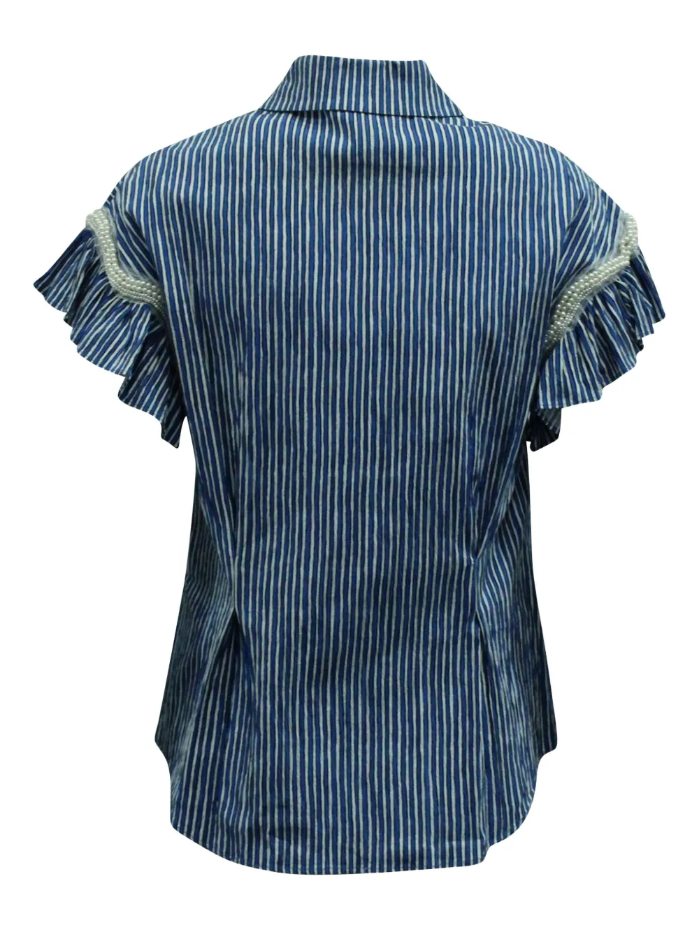 Pre-owned Sandro Stripe Pearl-trimmed Blouse In Blue