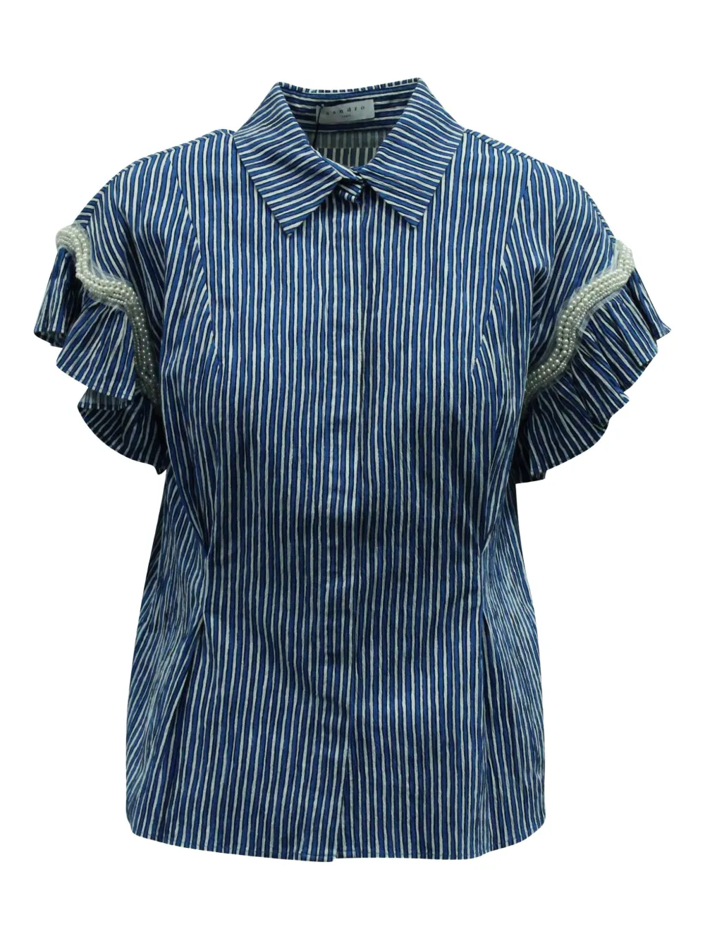 Pre-owned Sandro Stripe Pearl-trimmed Blouse In Blue