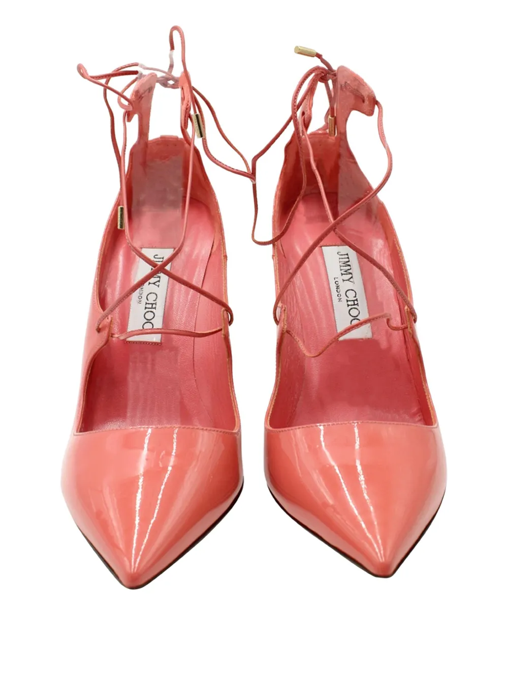 Pre-owned Jimmy Choo 100mm Vita Lace-up Patent-leather Pumps In Pink