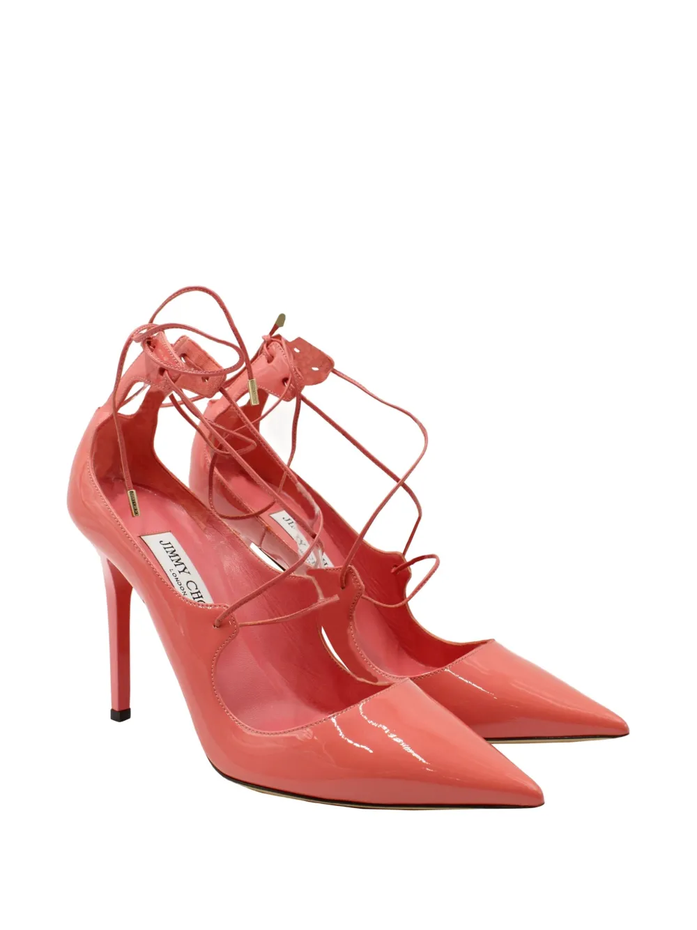 Pre-owned Jimmy Choo 100mm Vita Lace-up Patent-leather Pumps In Pink