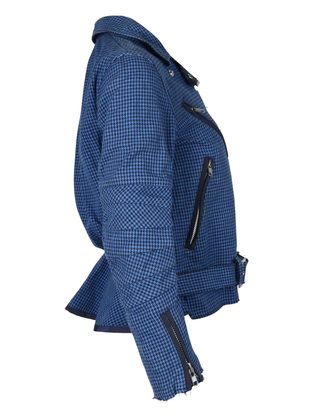 Pre-owned Sacai Houndstooth Peplum Biker Jacket In Blue