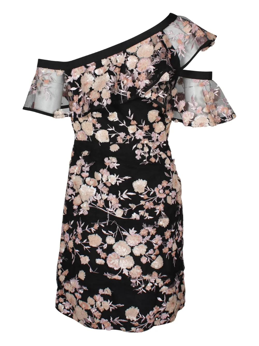 Self-Portrait floral embroidered asymmetric-sleeve mini dress - Zwart