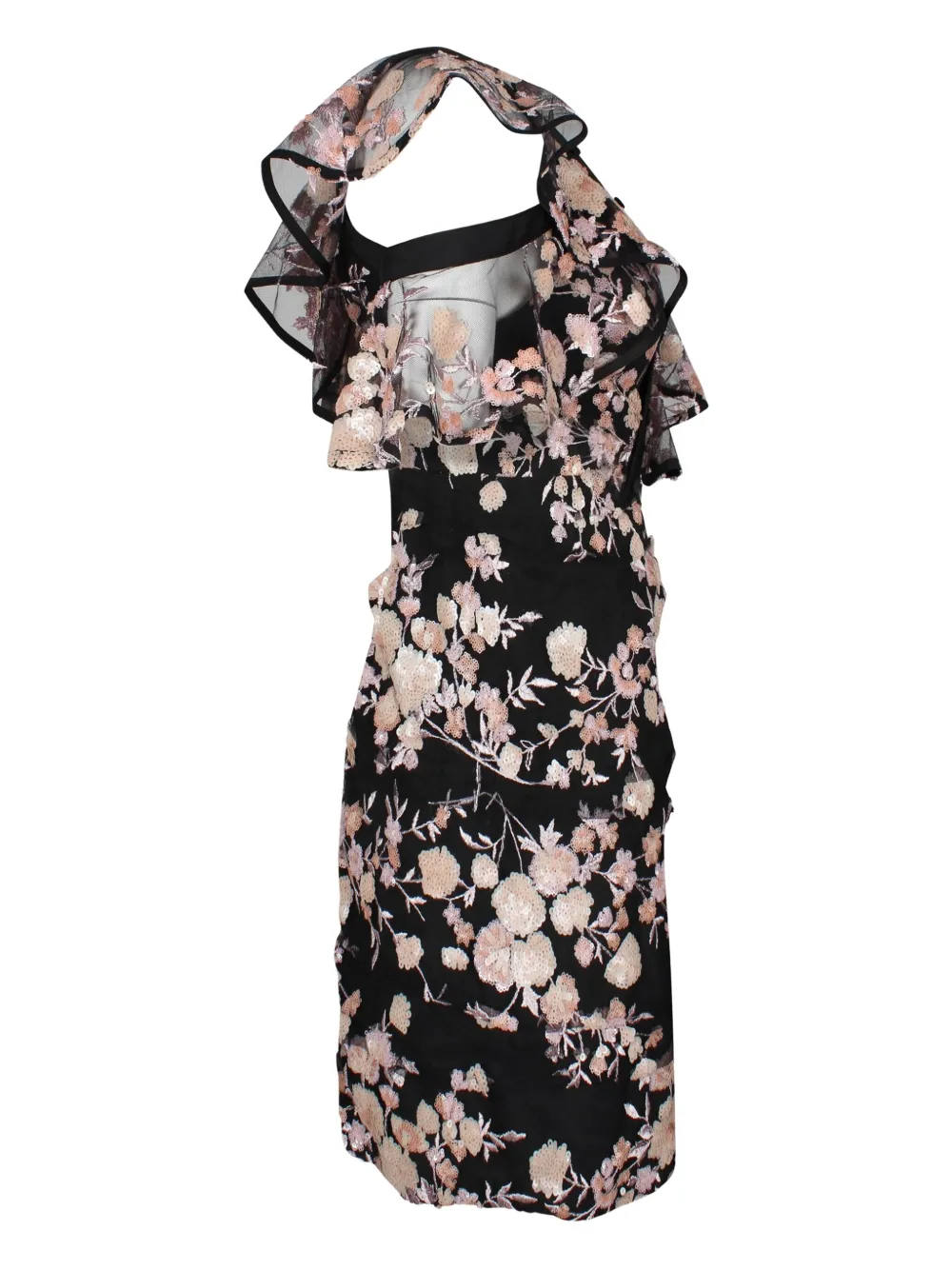 Pre-owned Self-portrait Floral Embroidered Asymmetric-sleeve Mini Dress In Black