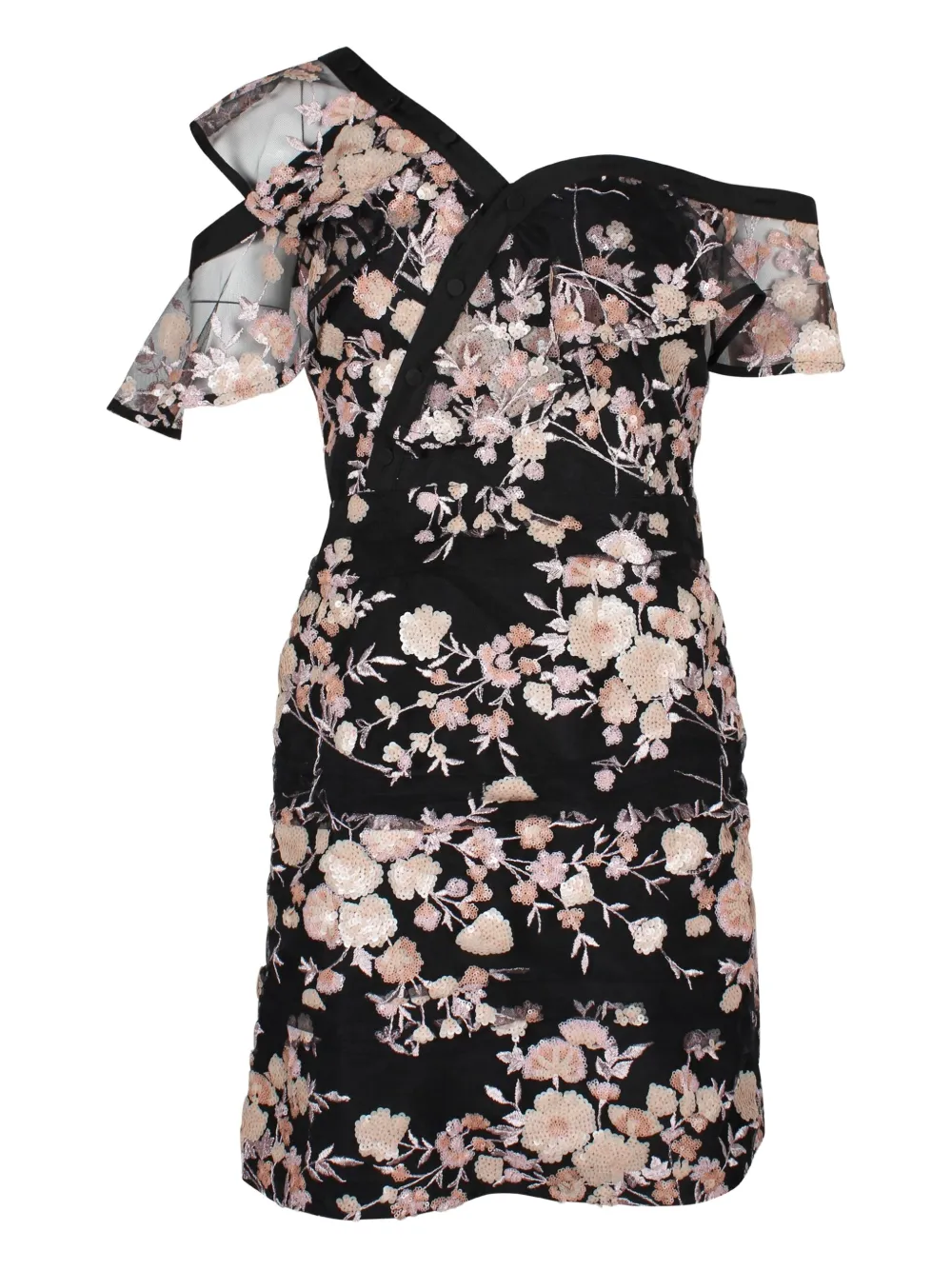 Self-Portrait floral embroidered asymmetric-sleeve mini dress | Black | Image 1