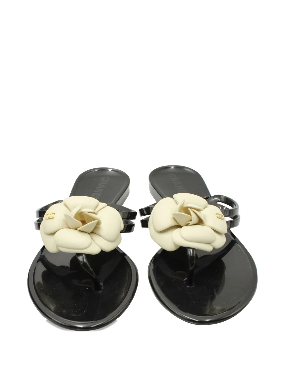 Pre-owned Chanel Camellia-detail Flip Flops In Black