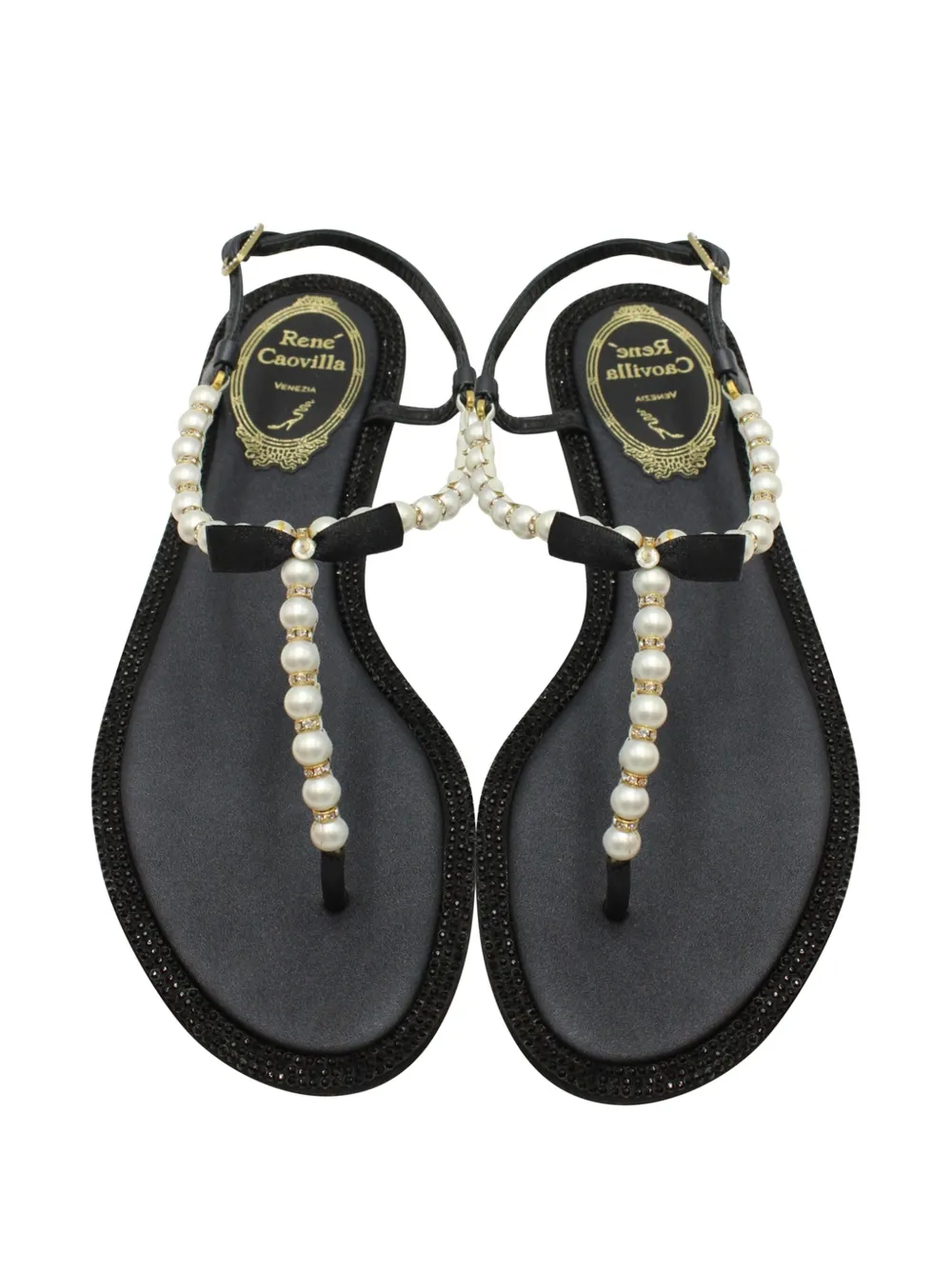 Pre-owned René Caovilla Pearly & Crystal Sandals In Black