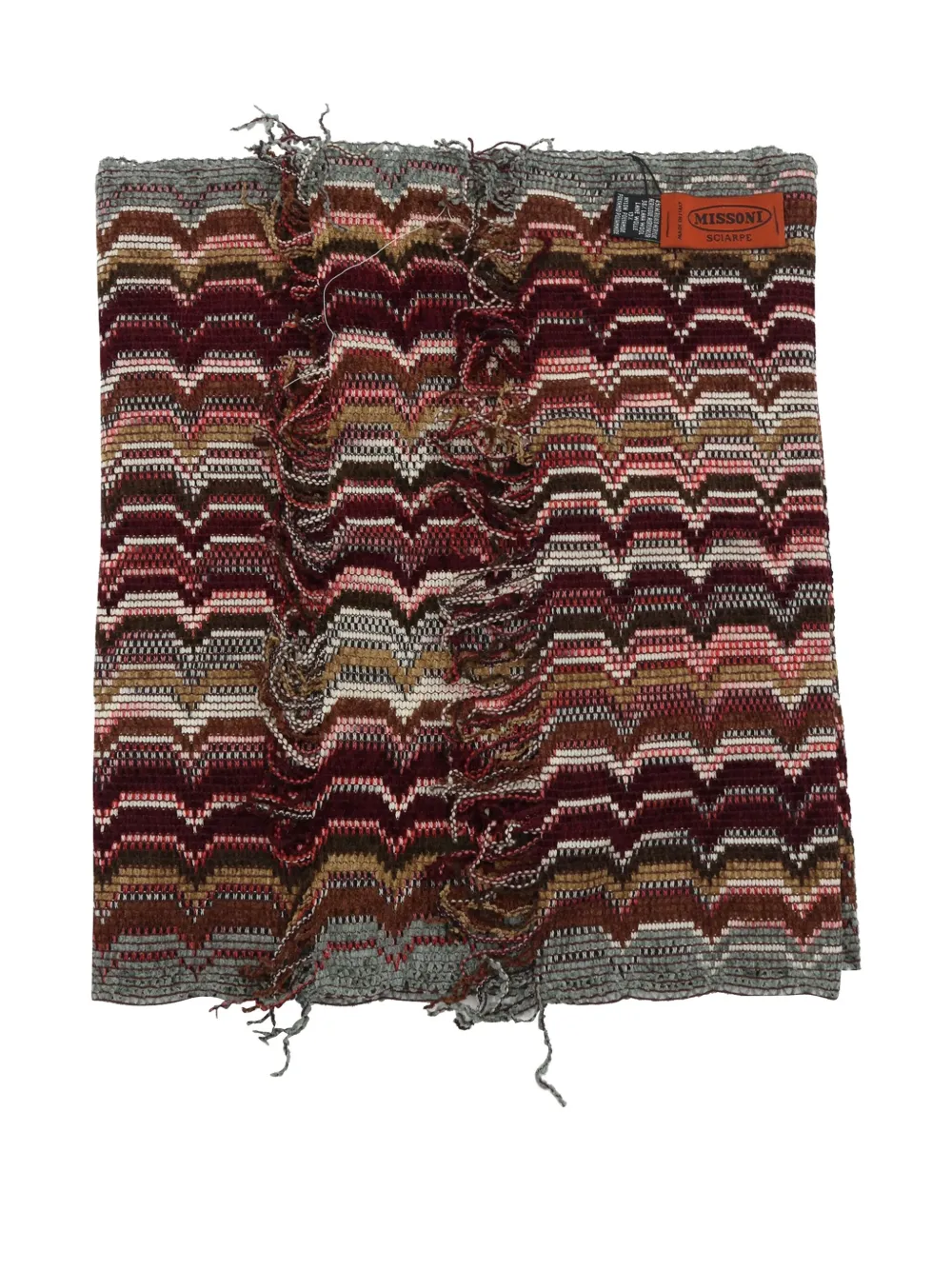 Pre-owned Missoni Chevron-knit Fringed Scarf In Brown