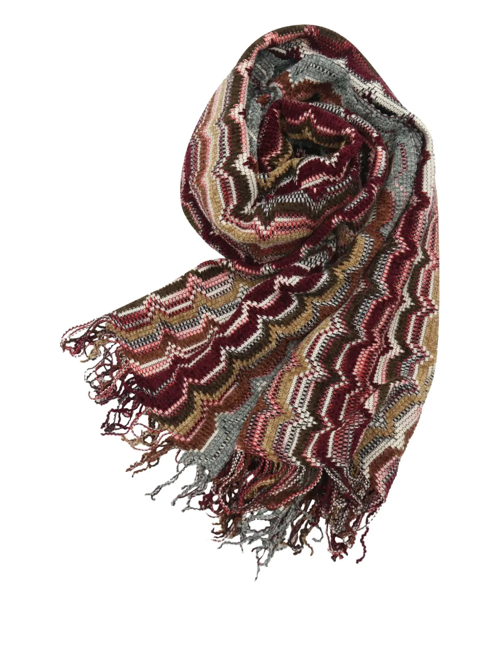 Pre-owned Missoni Chevron-knit Fringed Scarf In Brown