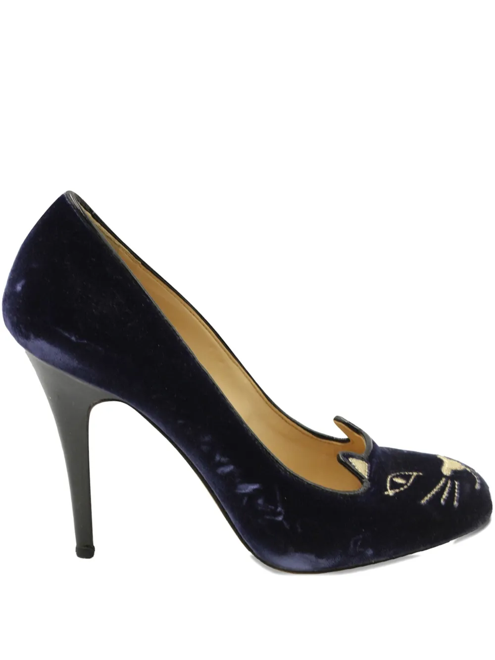 Charlotte Olympia 90mm Kitty cat-embroidered velvet pumps - Blu