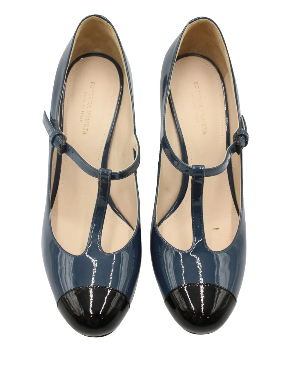 Pre-owned Bottega Veneta 110mm T-strap Patent Leather Pumps In Blue