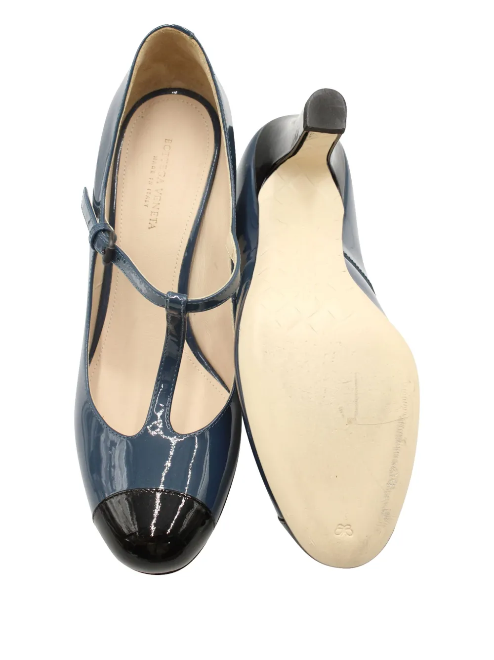Pre-owned Bottega Veneta 110mm T-strap Patent Leather Pumps In Blue