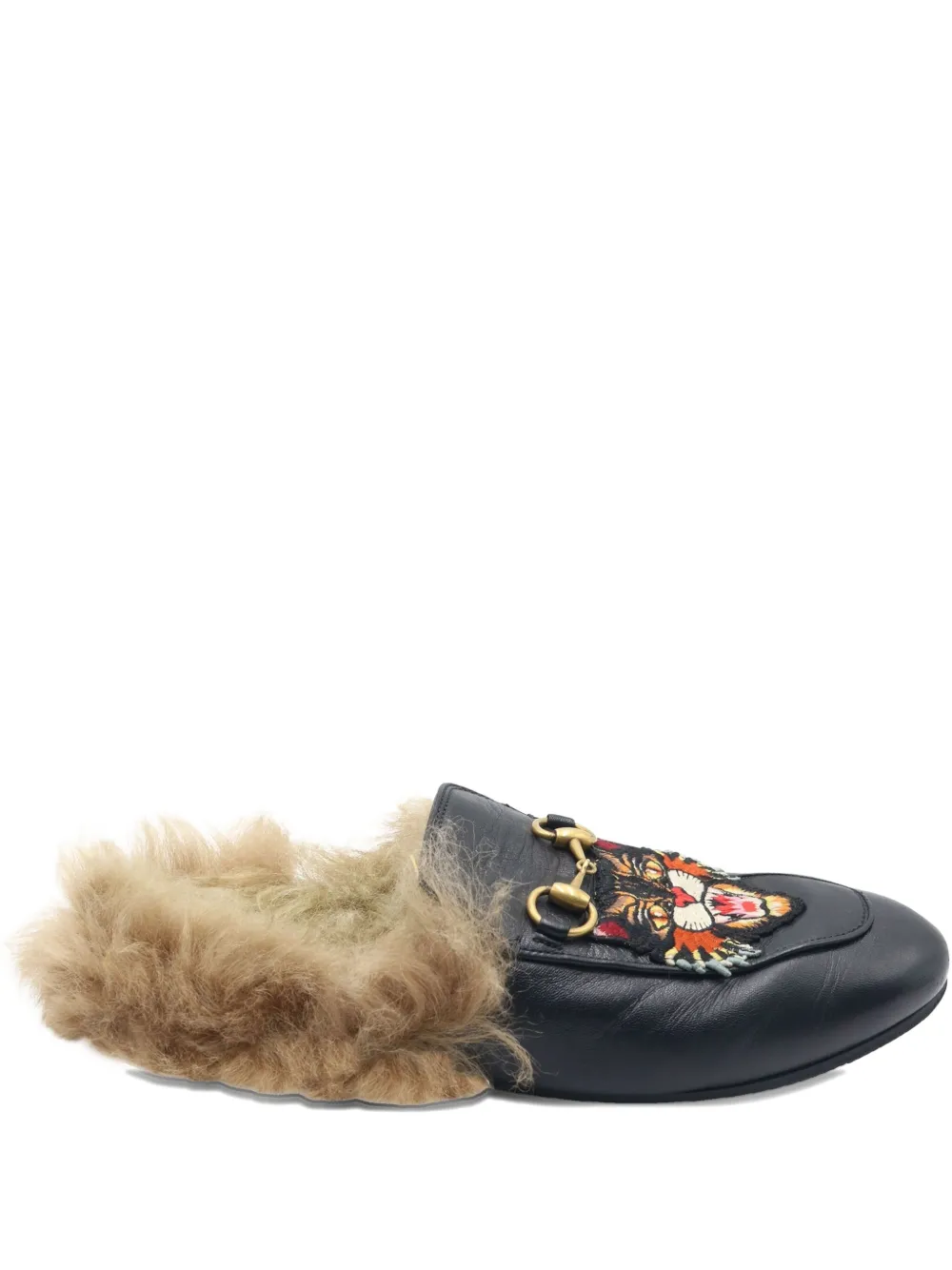 Pre-owned Gucci Horsebit Fur-trimmed Slippers In Black