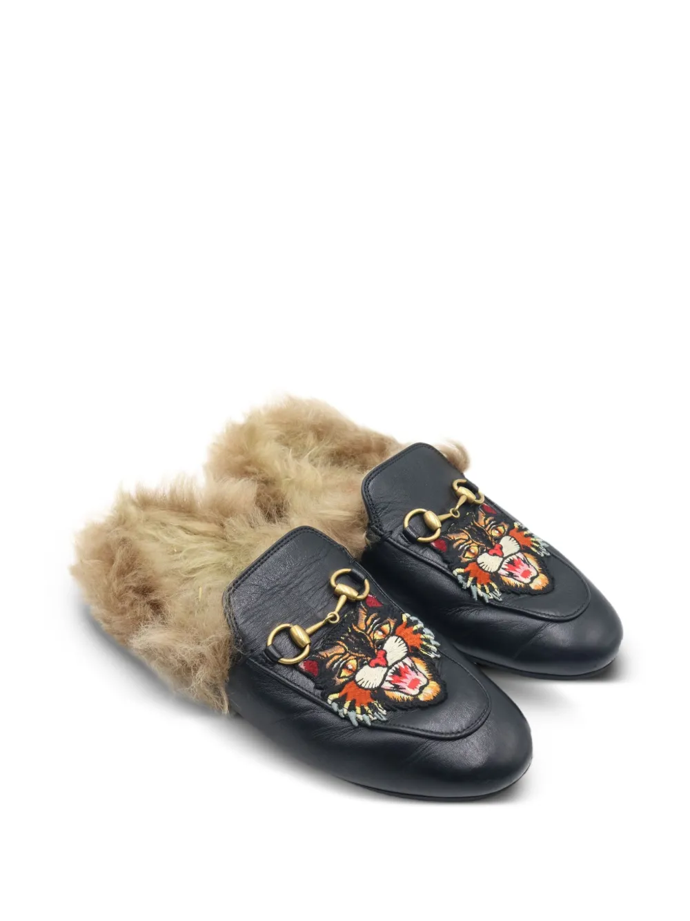 Gucci Pre-Owned Horsebit slippers met afwerking van bont - Zwart