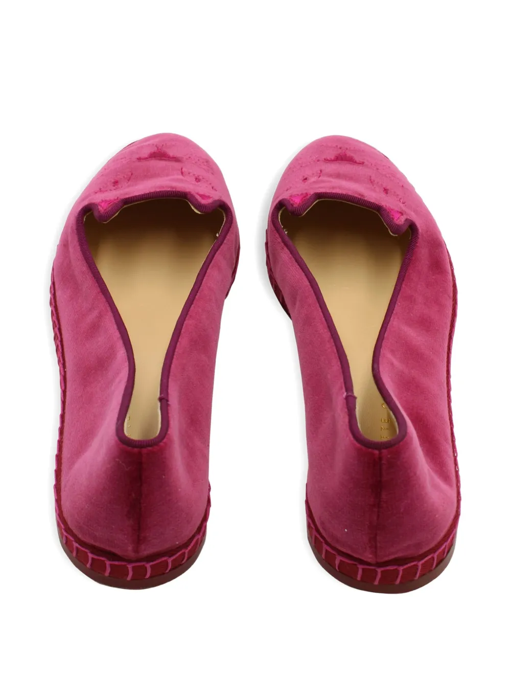 Pre-owned Charlotte Olympia Kitty-face Velvet Ballet Flats In Red
