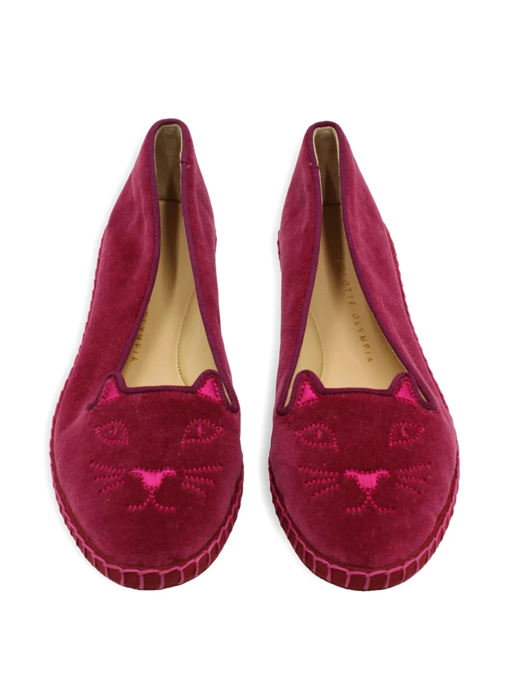Pre-owned Charlotte Olympia Kitty-face Velvet Ballet Flats In Red
