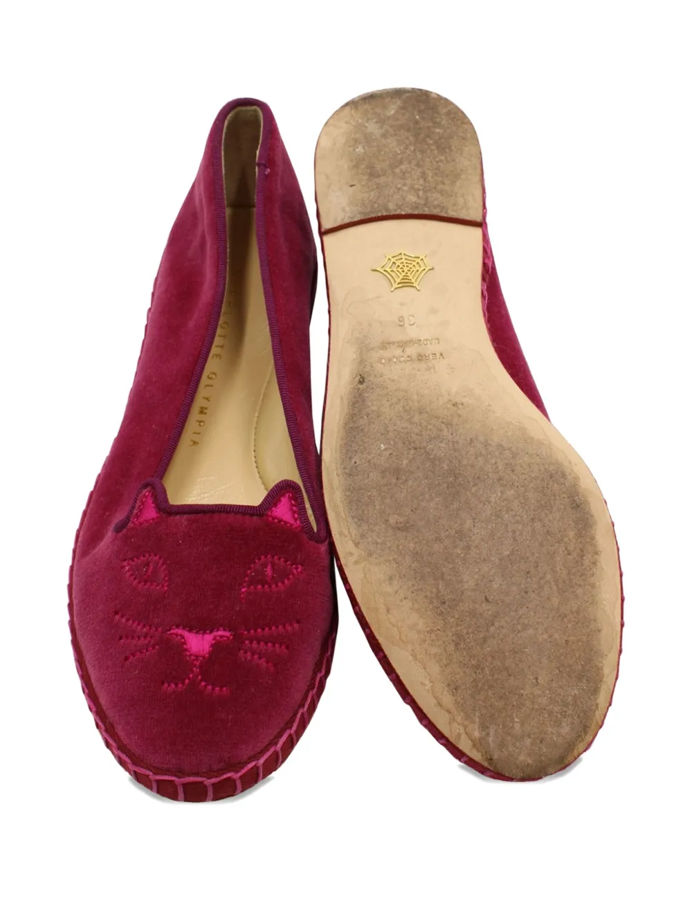 Pre-owned Charlotte Olympia Kitty-face Velvet Ballet Flats In Red