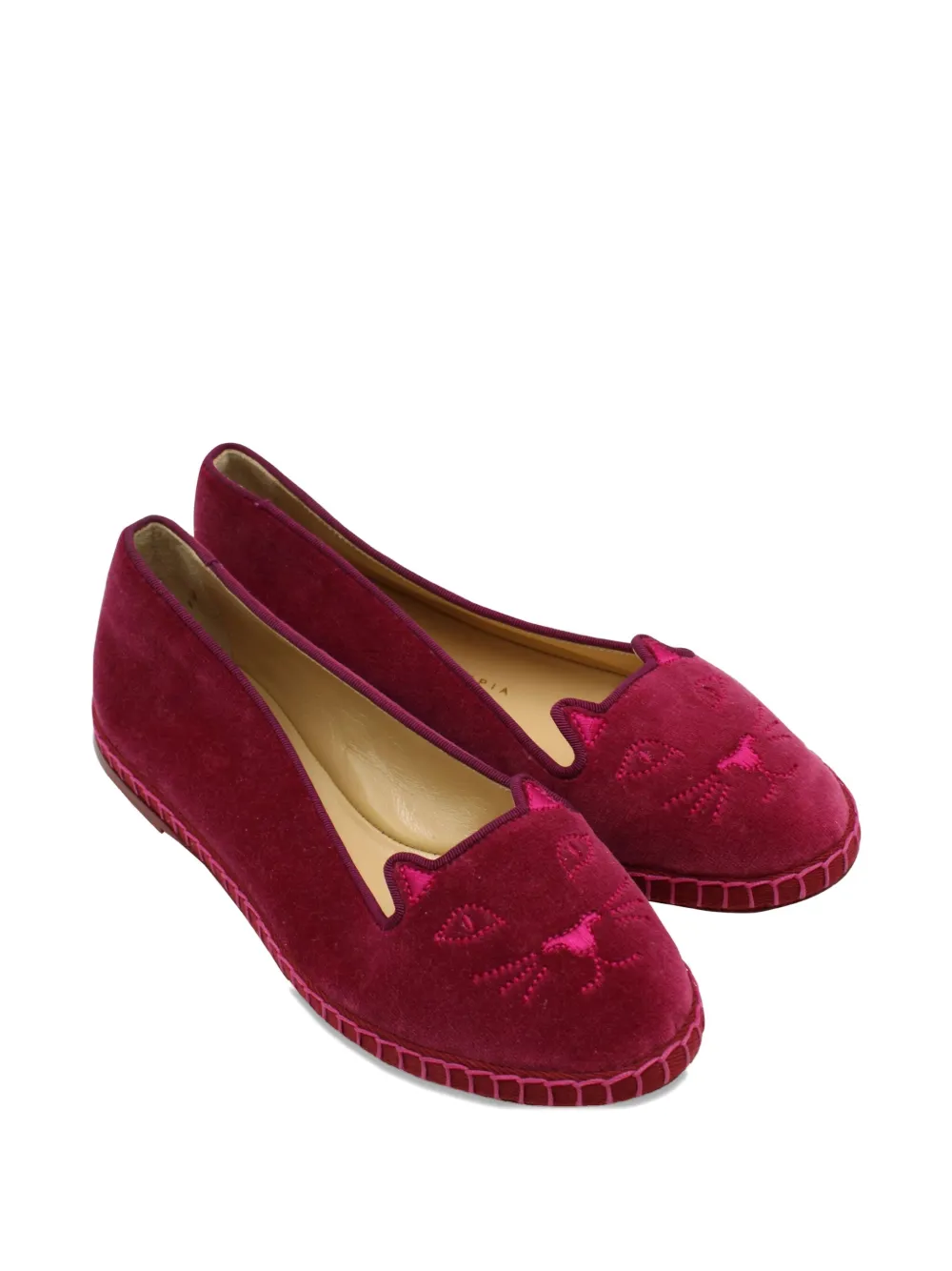 Charlotte Olympia kitty-face velvet ballet flats - Rood