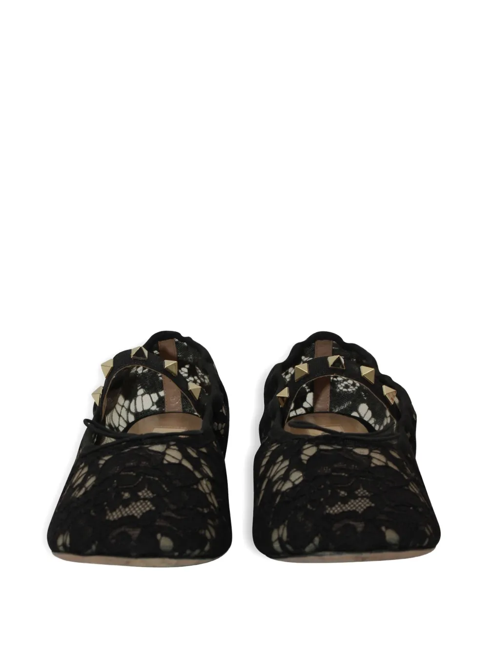 Pre-owned Valentino Garavani Lace Rockstud Ballerina Flats In Black