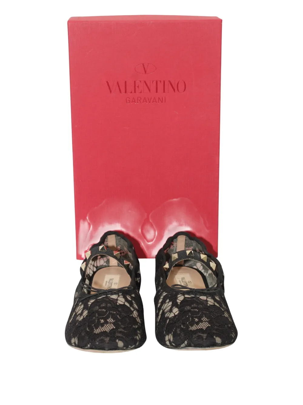 Pre-owned Valentino Garavani Lace Rockstud Ballerina Flats In Black