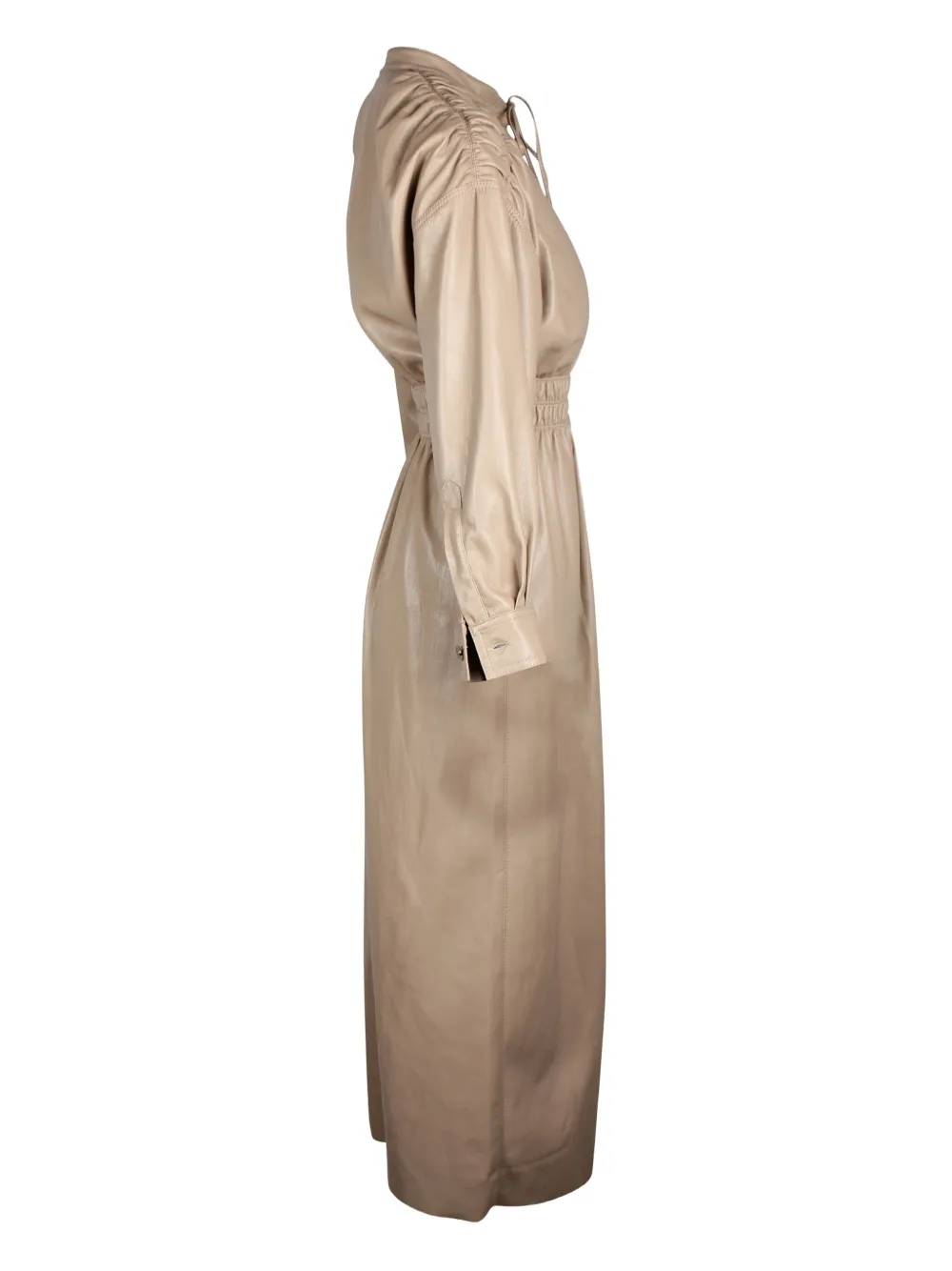 Shirred Leather Midi Dress