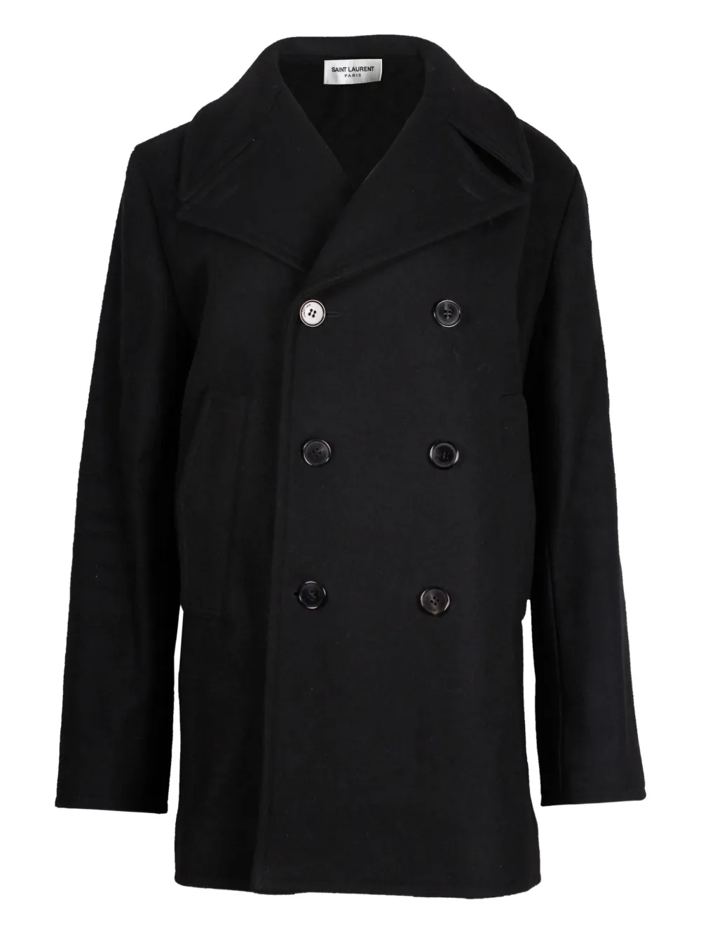 Pre-owned Saint Laurent Double-breasted Wool Peacoat In Black