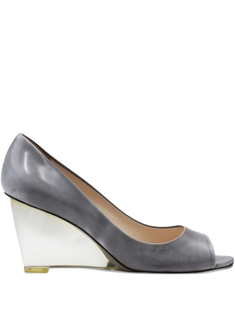 Pre-owned Prada Wedge Peep-toe Pumps In Gray