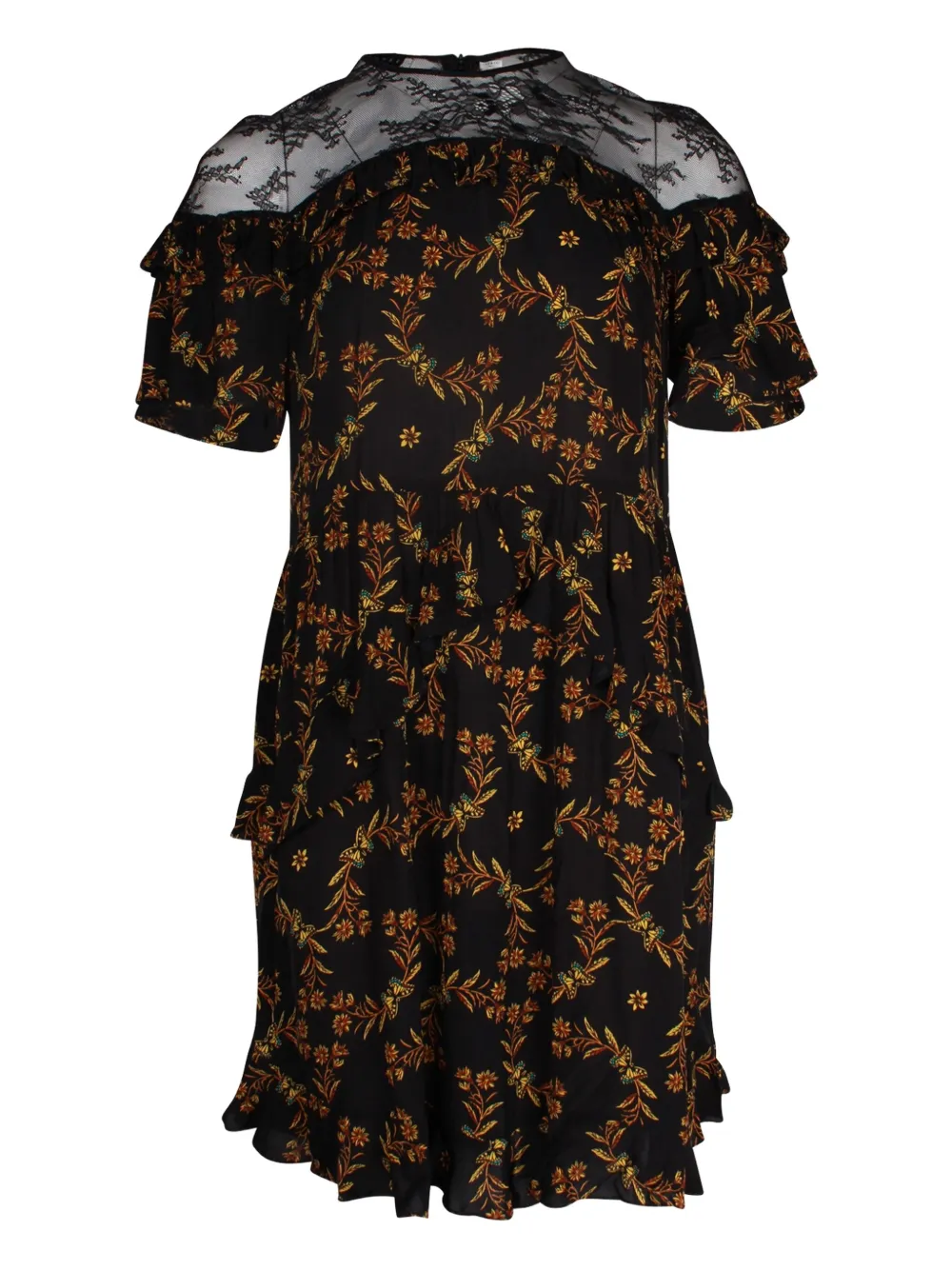 Pre-owned Sandro Floral-print Ruffled Mini Dress In Black