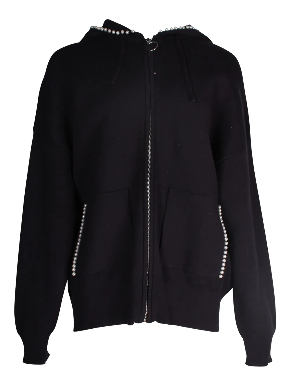 Pre-owned Sandro Pearl-embellished Zip-front Hoodie In Black