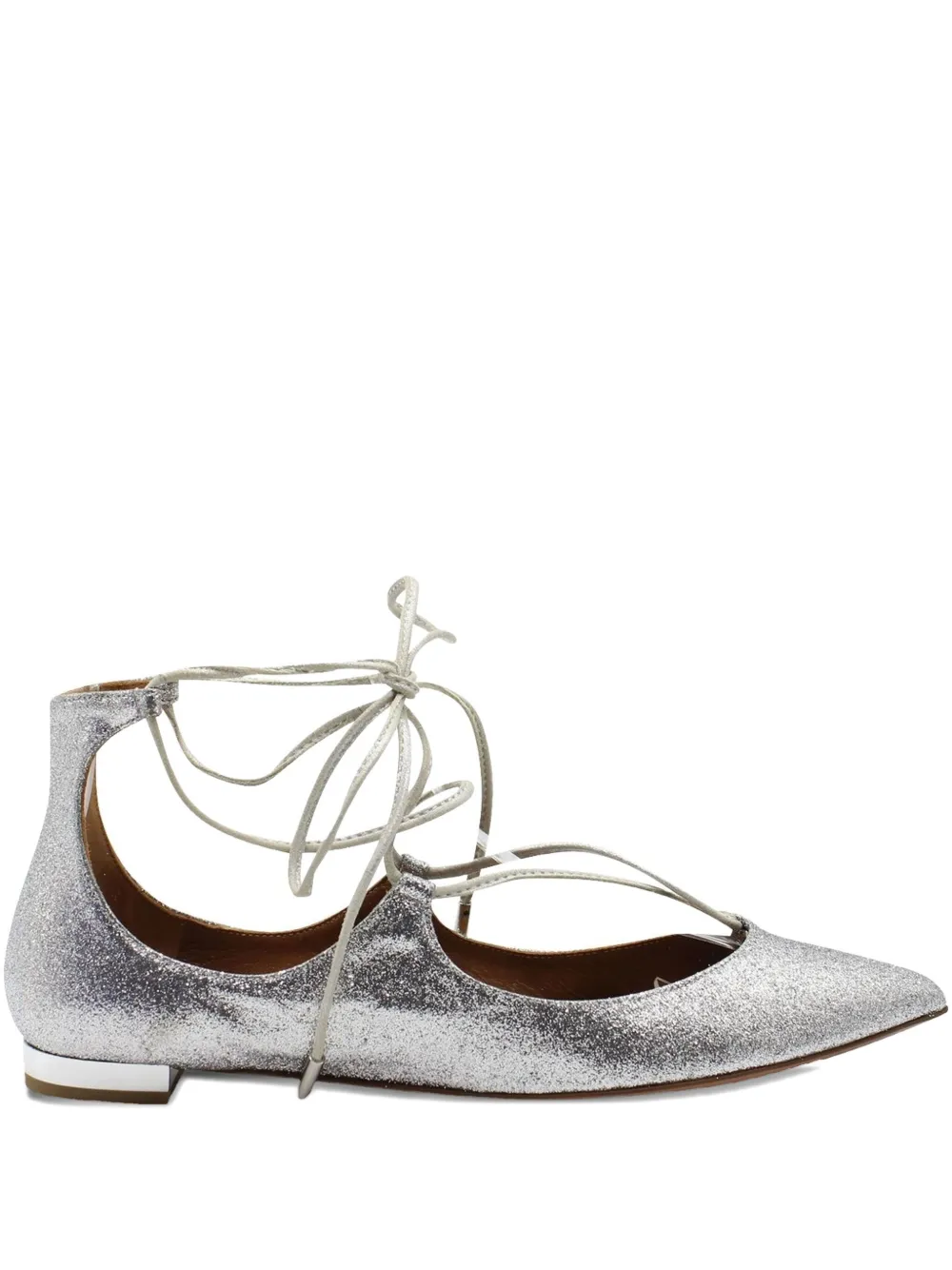 Pre-owned Aquazzura Glitter Lace-up Flats In Silver