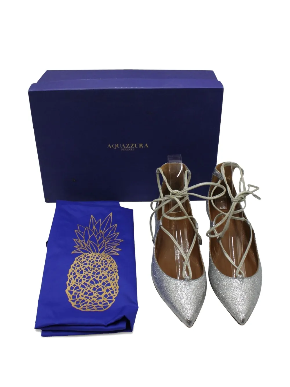 Pre-owned Aquazzura Glitter Lace-up Flats In Silver