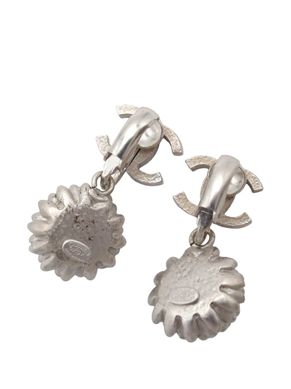 CHANEL Pre-Owned 2005 Silver Plated CC Pearl Dangle Clip On Earrings costume earrings | Image 2