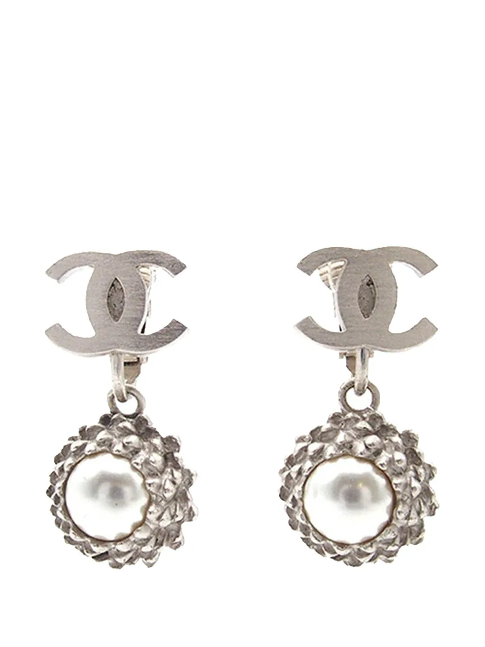 CHANEL Pre-Owned 2005 Silver Plated CC Pearl Dangle Clip On Earrings costume earrings | Silver | Image 1