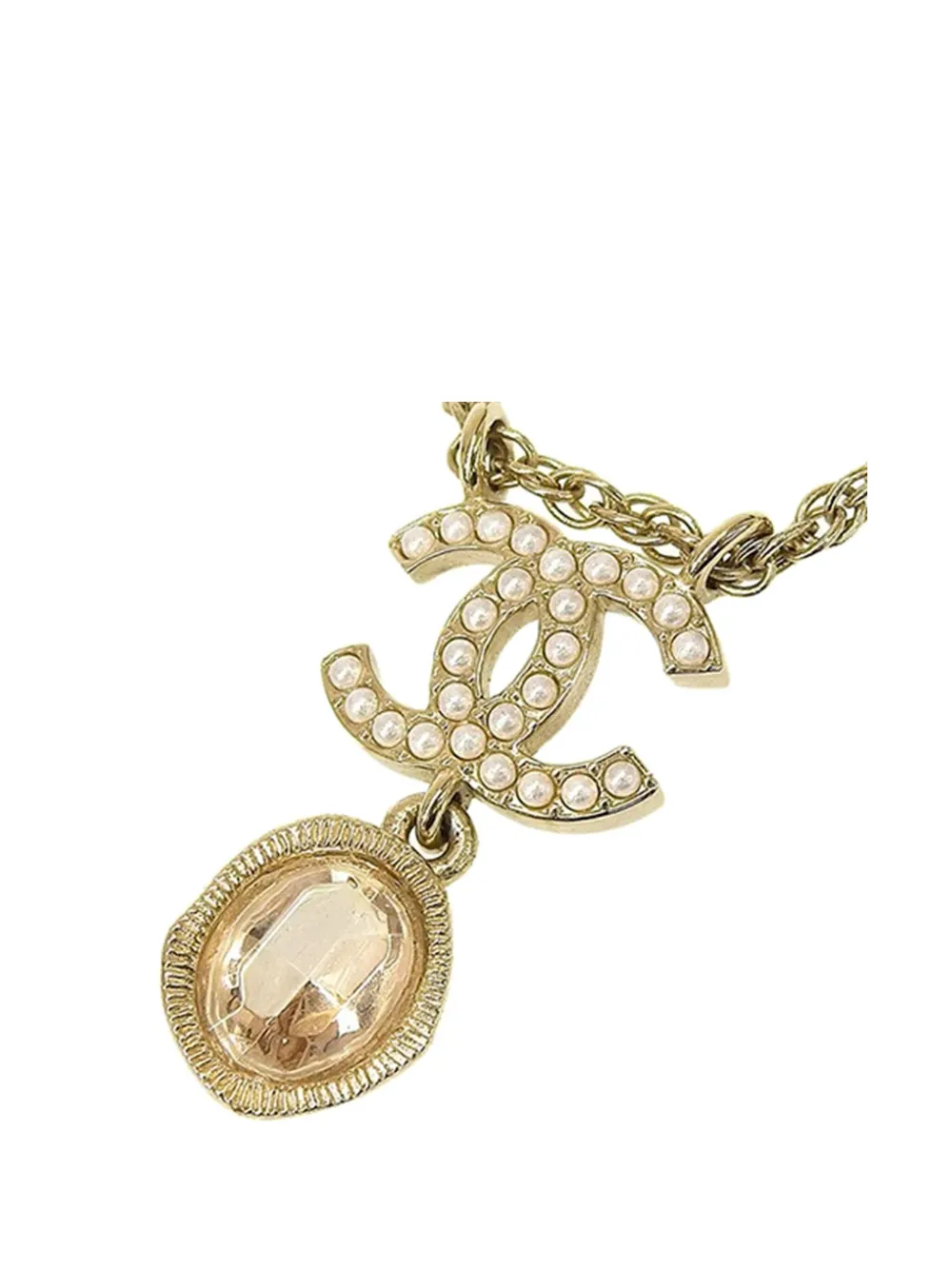 CHANEL Pre-Owned 2021 Gold Plated CC Faux Pearl Rhinestone Drop Pendant Necklace costume necklace | Gold | Image 1