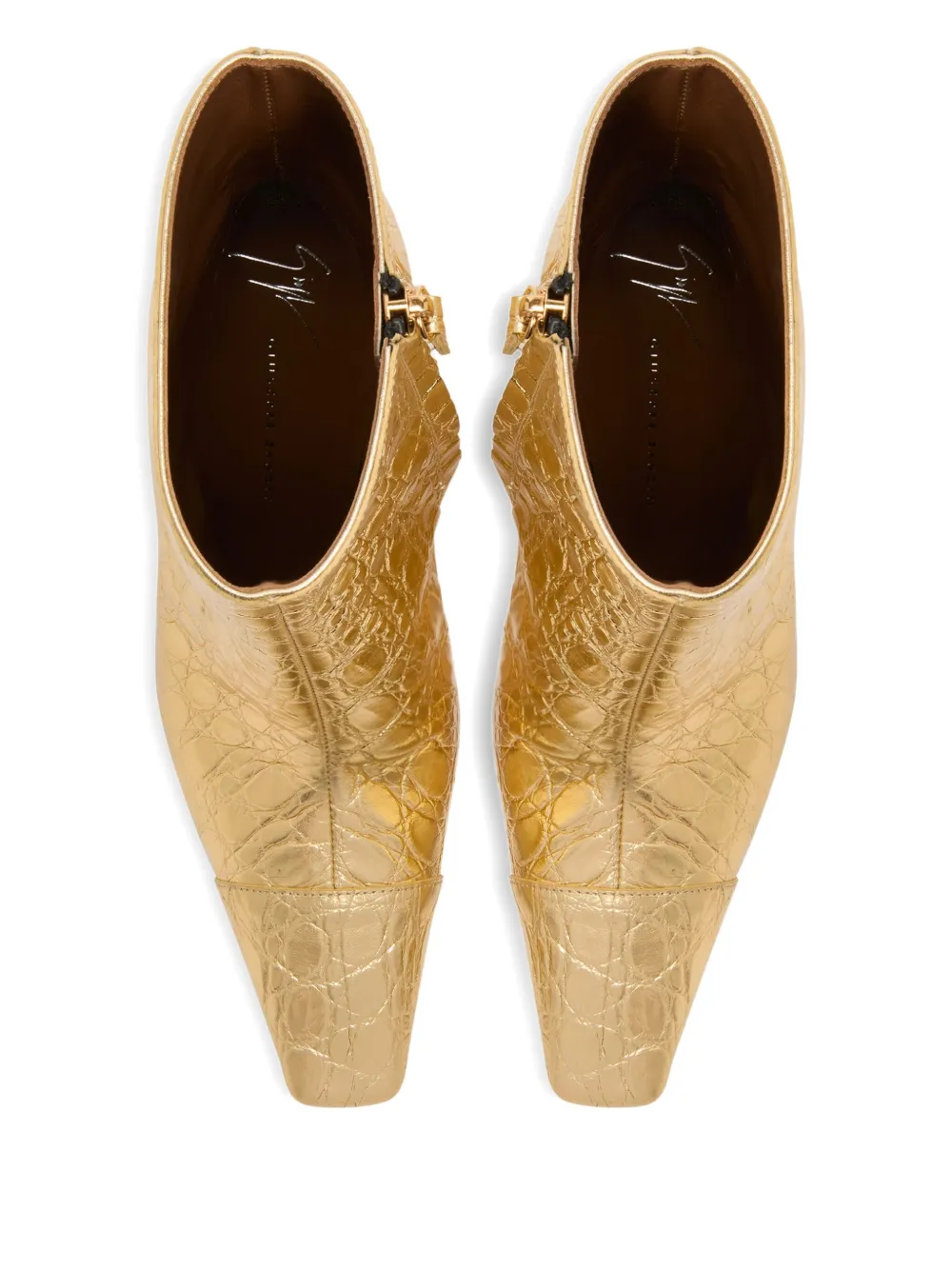 Giuseppe Zanotti 90mm Janiee Crocodile-print Square-toe Boots In Gold