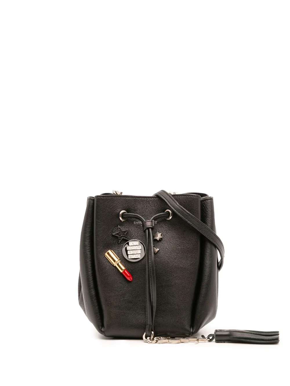 Pre-owned Saint Laurent 2015 Mini Leather Monogram Embellished Bourse Bucket Bag In Black