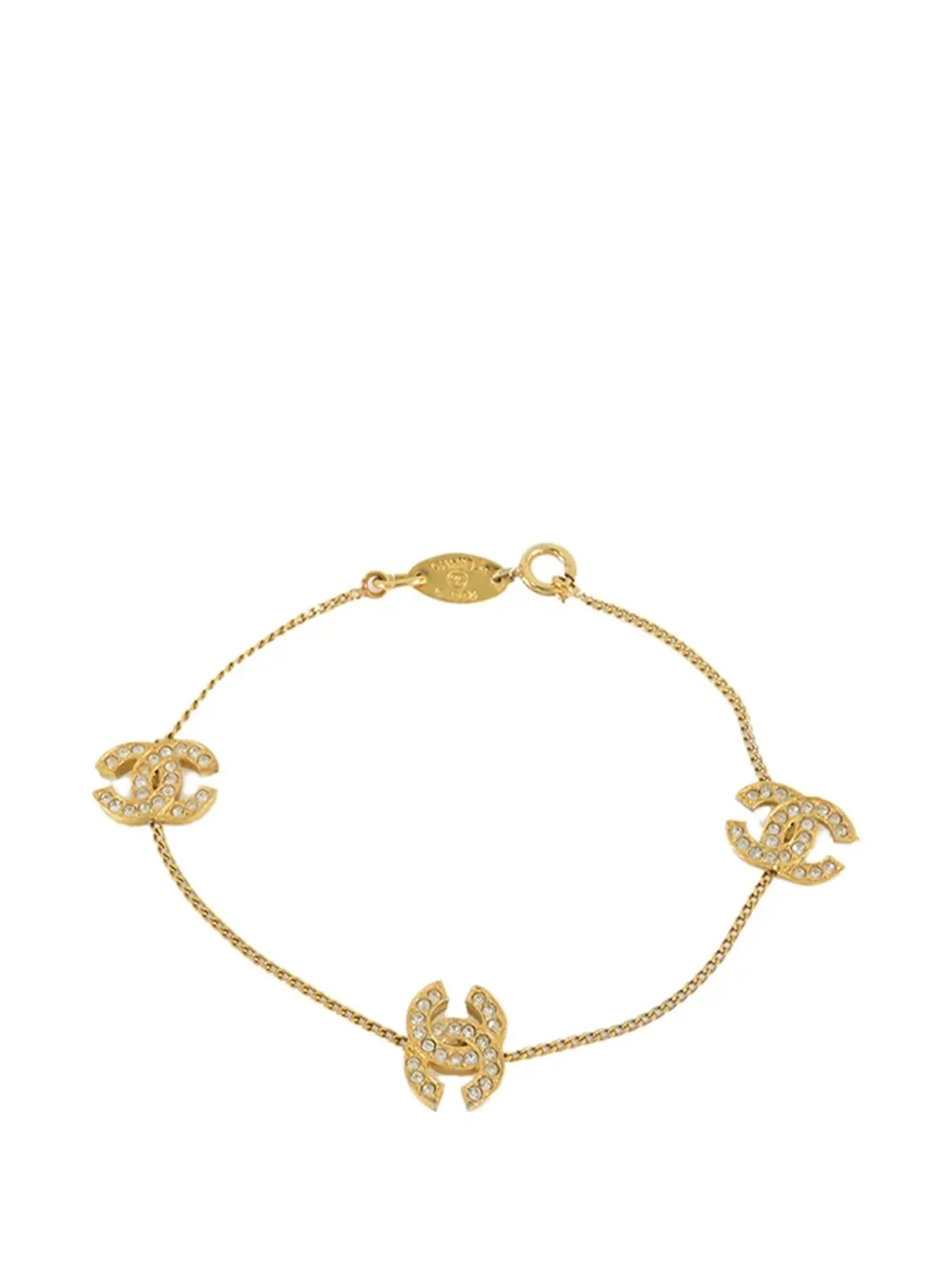 CHANEL Pre-Owned 1982 Gold Plated CC Rhinestones Chain Bracelet CHANEL Pre-Owned 1982 Gold Plated CC Rhinestones Chain Bracelet