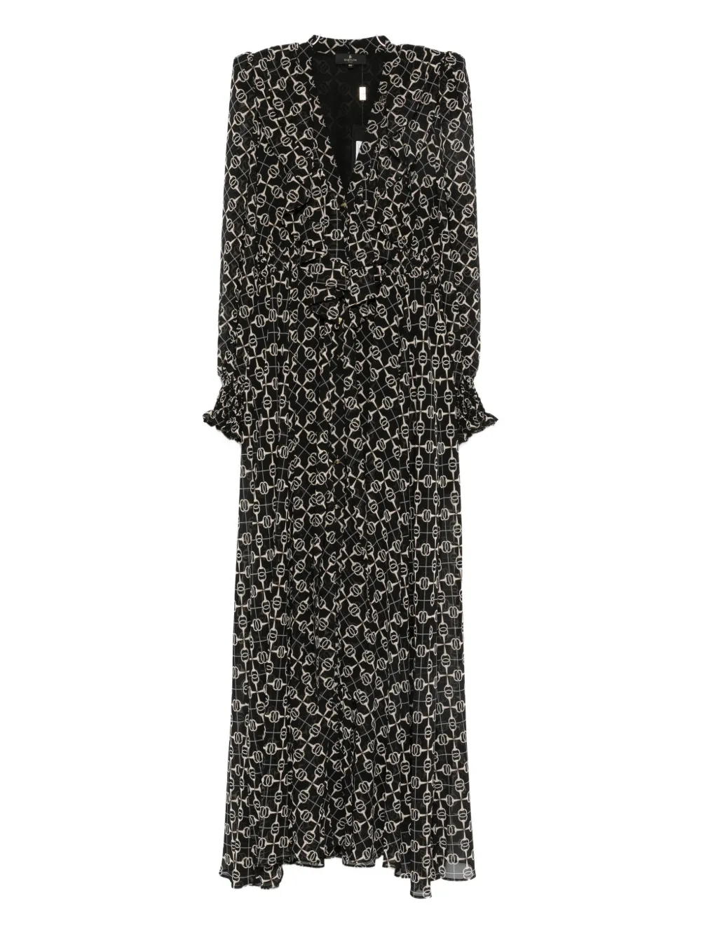 Babylone Paris Chain-print Ruffled-cuff Maxi Dress In Black